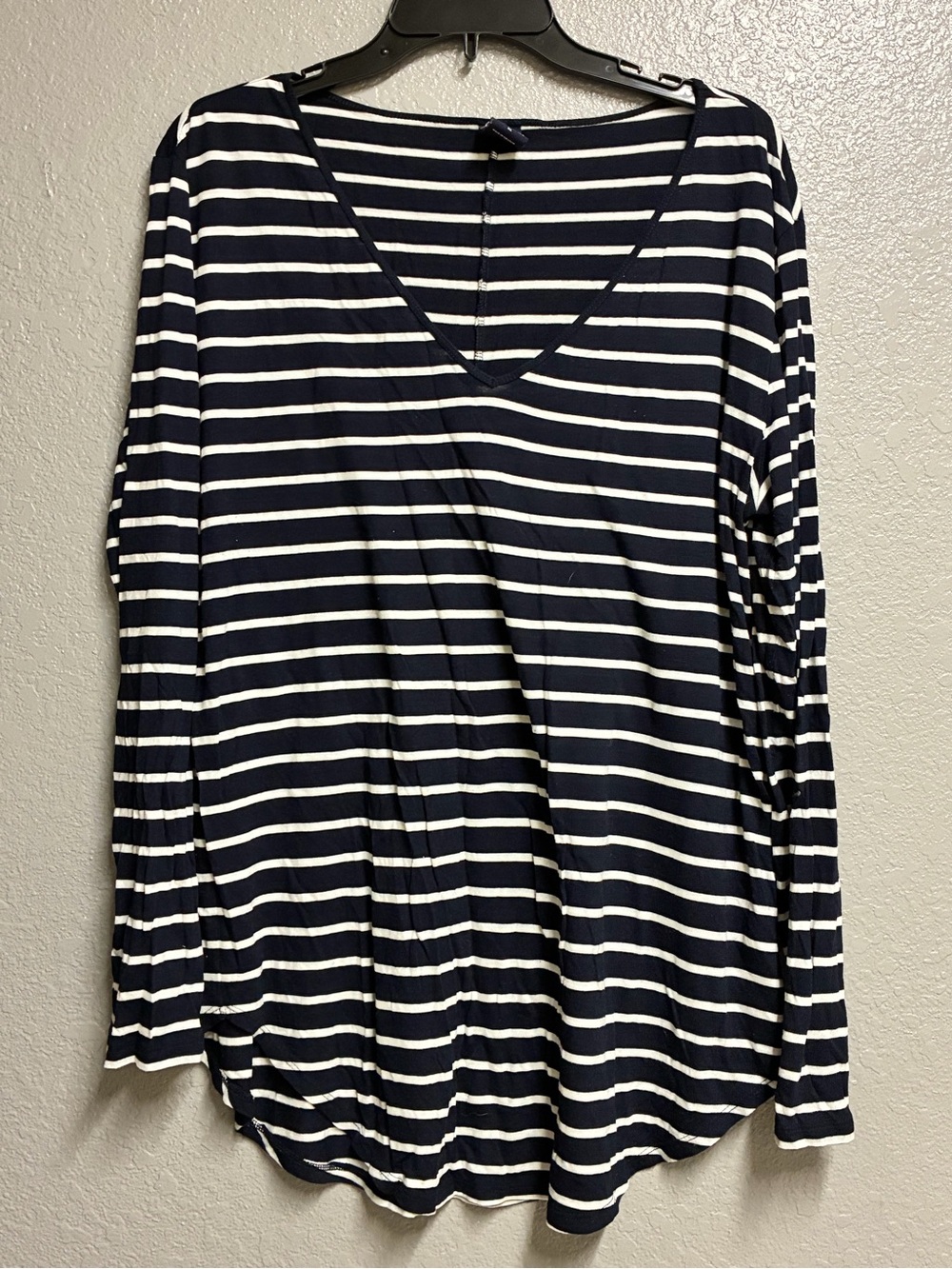 GAP Navy and White Striped Long-Sleeve V-Neck Top